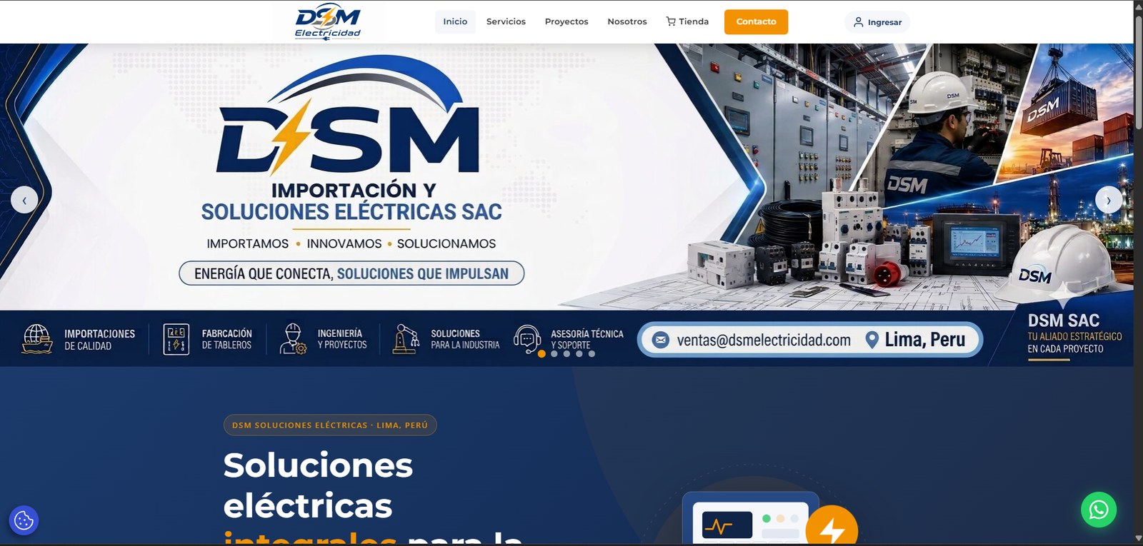 Página web de DSM Electricidad, empresa de soluciones eléctricas en Lima, desarrollada por Mego Dev